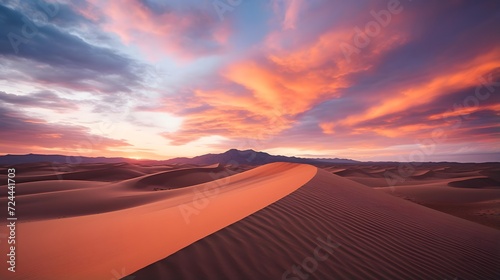 Panoramic view of the sand dunes in the desert at sunset