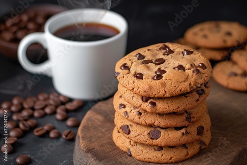 A Pile of Choco Chip Cookies and A Cup Hot Coffee