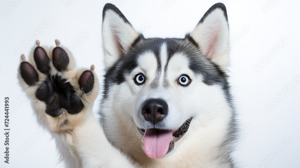 Happy cute Husky Dog smiling and giving a high five isolated on white background.
