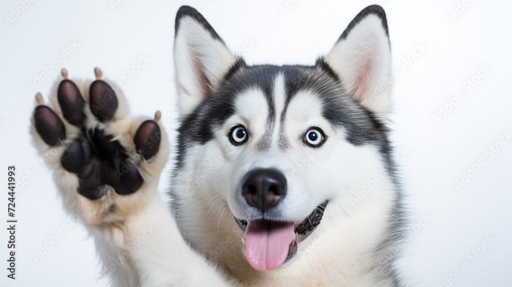 Happy cute Husky Dog smiling and giving a high five isolated on white background.
Happy cute Husky Dog smiling and giving a high five isolated on white background.