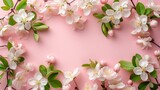 Top view apple flowers kept in a light pink backdrop decorated like a frame with a big copy space inside it for text or product, Generative AI.