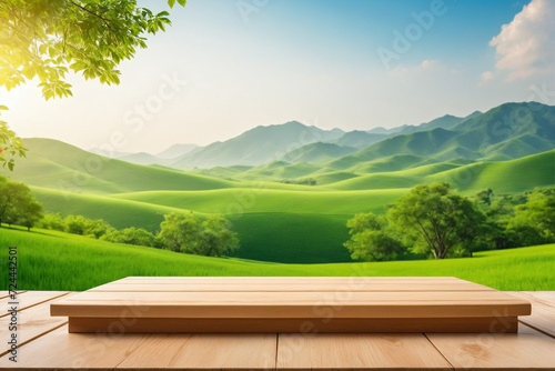 Plain wooden podium for product with green landscape background - Product showing #724442501