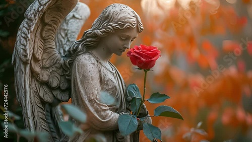 A sorrowful angel with downcast eyes holding a single red rose in their hand symbolizing the fleeting nature of life.