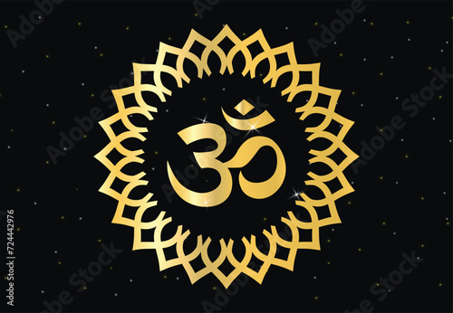 Beautiful Glowing Om or ohm or rum, with mandala in gold color shades for wall of Temples, Houses and for interior works etc.