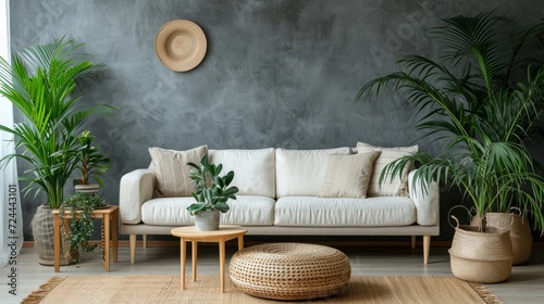 Comfortable sofa with pillows, houseplants, table and wicker pouf near the large wall