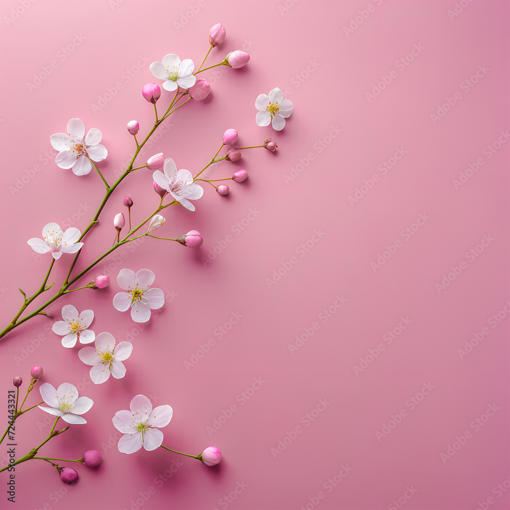 Small white soft flowers on blank red pink background with copy space. Cherry blossom bouquet in spring by Generative AI Small white soft flowers on blank red pink background with copy space. Cherry blossom bouquet in spring by Generative AI