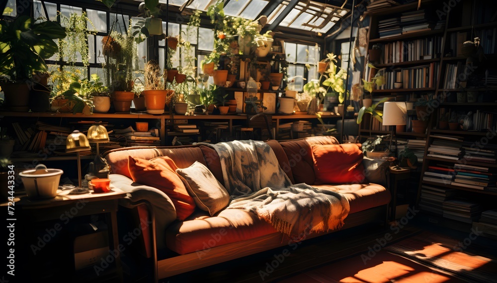 Interior of a living room with a sofa, bookshelf and plants