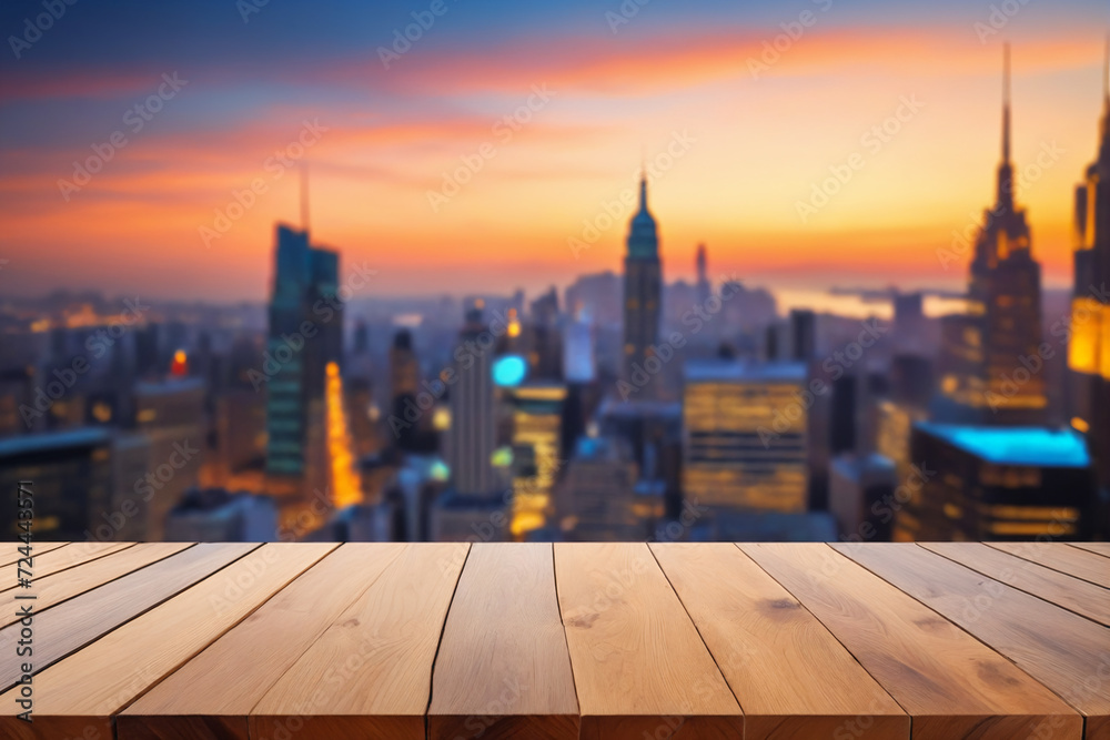 Wood table top on blur cityscape background - Product showing Wood table top on blur cityscape background - Product showing