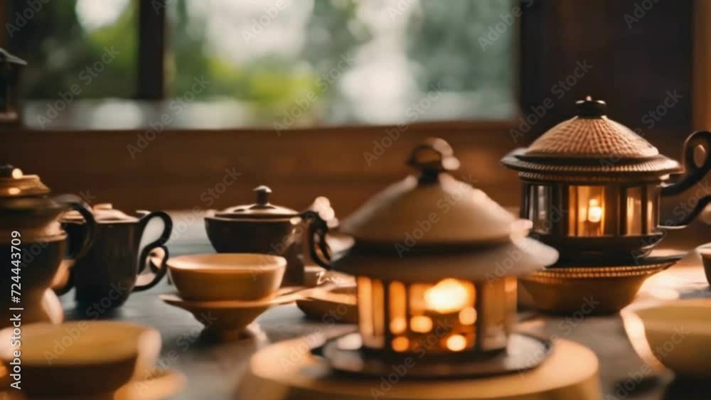 teapot and cups in a traditional tea house