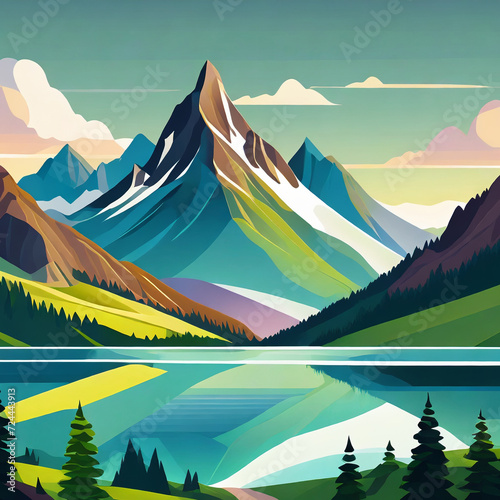 European mountain from side view at sun set flat art design illustration for postcard