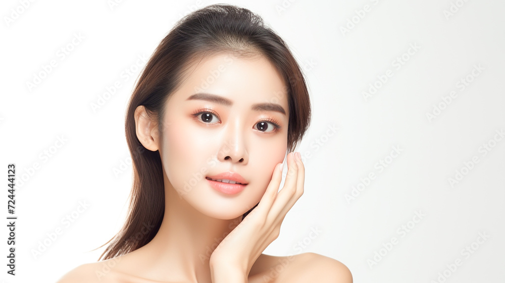Beautiful young asian woman with perfect skin touching her face. Facial treatment. Cosmetology, beauty and spa concept.
Beautiful young asian woman with perfect skin touching her face. Facial treatment. Cosmetology, beauty and spa concept.