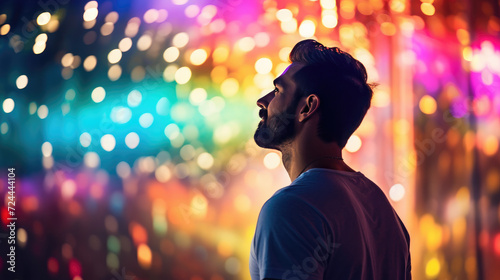 Man Captivated by Cinematic Rainbow of Lights with Bokeh Background