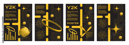 Y2k aesthetic poster design template with grid geometric pattern and simple yellow icon on black background. Vector set of banner or cover template with collage composition of figure in 2000s style.
