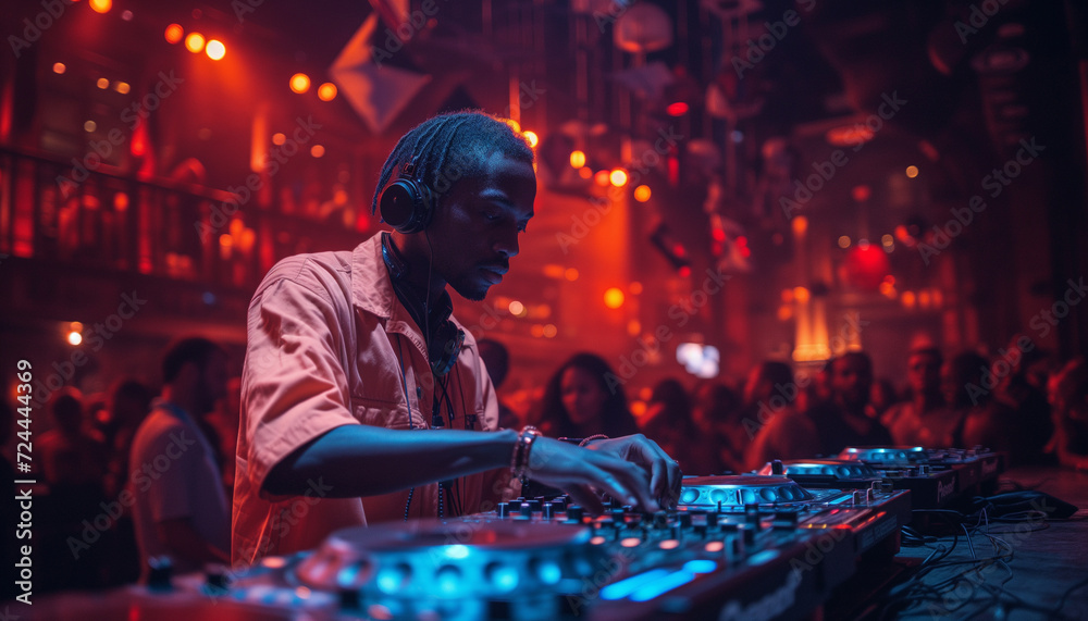 A DJ is deeply concentrated on mixing music at a lively club event with a vibrant crowd in the background.