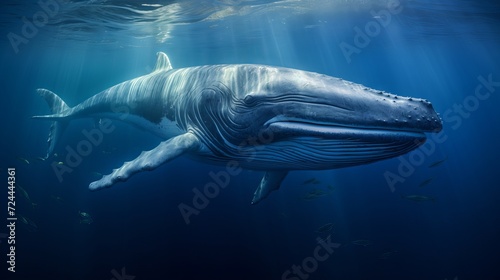 Close-up of a majestic blue whale in the deep ocean, showing its eye and baleen plates © Ameer