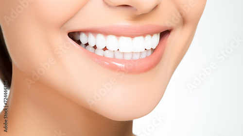 Perfect healthy teeth smile of a young woman. Closeup with perfect female teeth. Teeth whitening. Stomatology concept. Dental clinic patient. 