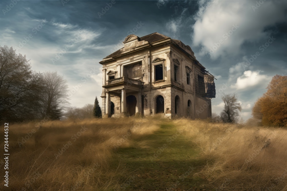 Abandoned ancient building. House ancient summer nature building history. Generate Ai
