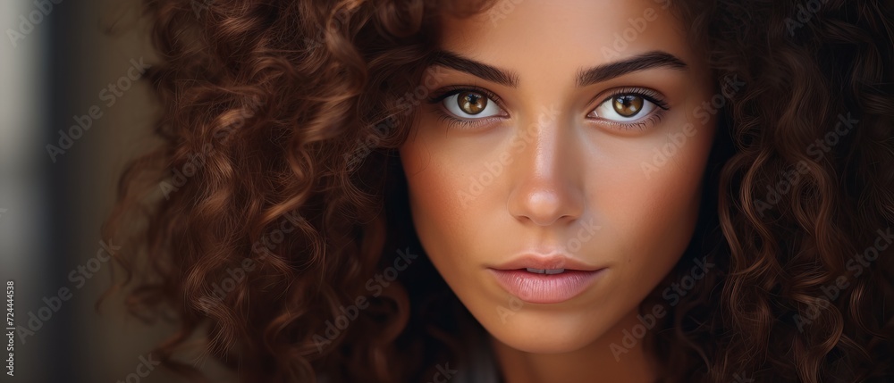 Closeup portrait of a beautiful woman with curly hair and captivating eyes, with copy space