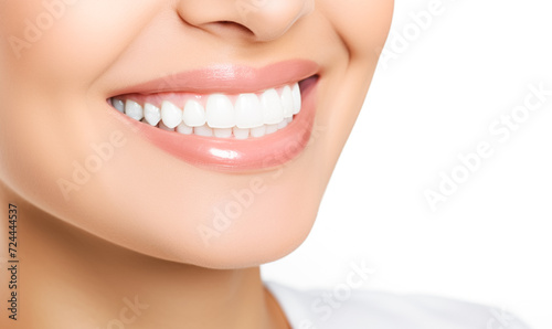 Beautiful smile of young woman with healthy white teeth. Closeup with perfect female teeth. Teeth whitening. Stomatology concept. Dental clinic patient. 
