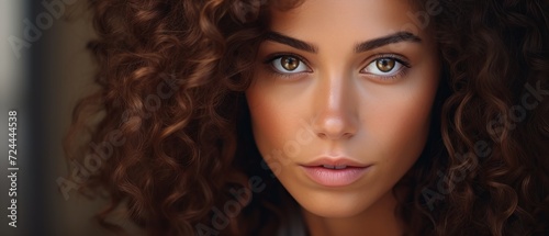Closeup portrait of a beautiful woman with curly hair and captivating eyes, with copy space
