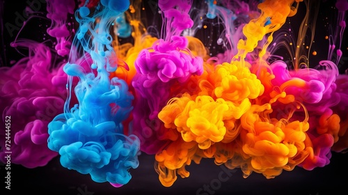 A colorful chemical reaction in a beaker over dark background, showing the effects of mixing different substances and creating bubbles and smoke
