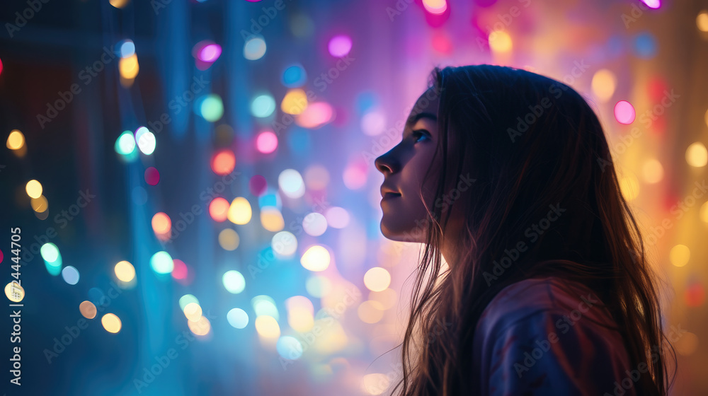 Cinematic Scene of Teen Girl Watching Colorful Ferris Wheel Lights Cinematic Scene of Teen Girl Watching Colorful Ferris Wheel Lights