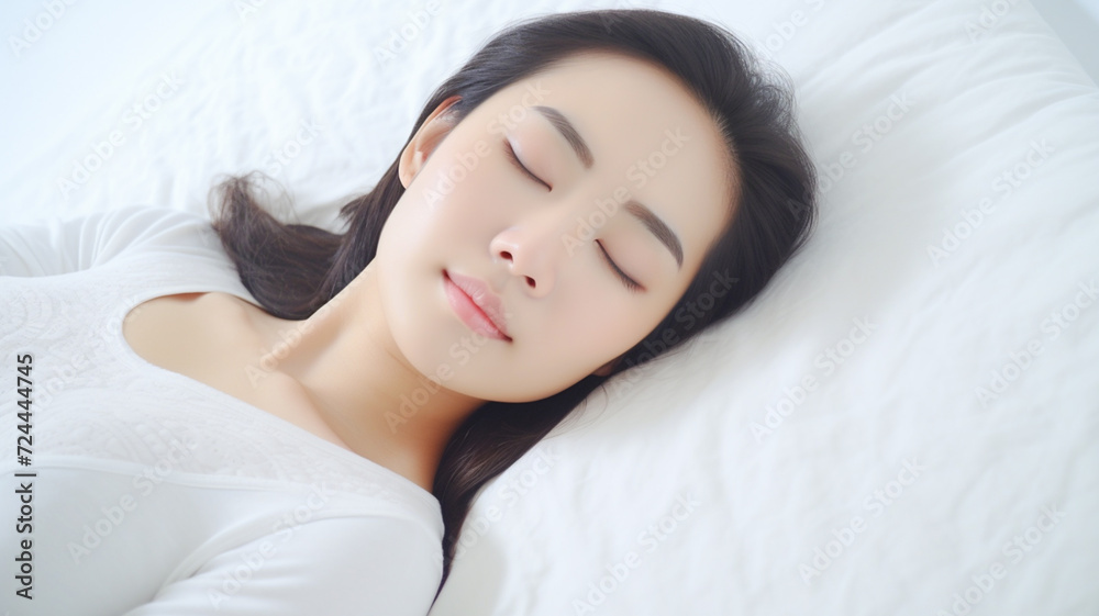 Pretty asian lady lies in bed indoors. Eyes closed. Pretty asian lady lies in bed indoors. Eyes closed.