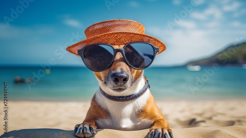 A cute dog in a hat and sunglasses enjoying the sun and sand on a tropical beach. Traveling with pets concept.