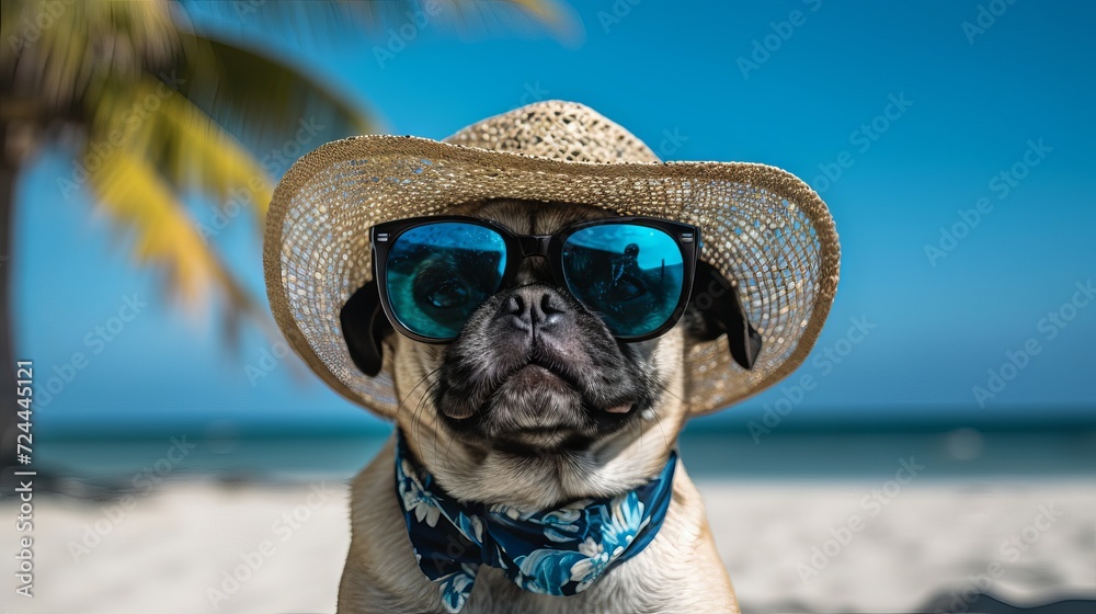 A cute dog in a hat and sunglasses enjoying the sun and sand on a tropical beach. Traveling with pets concept.