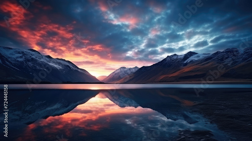 Orange Sunset and Milky Way Mirrored on Mountain Lake