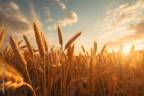 Golden hour close-up: Vibrant wheat field in warm sunlight.