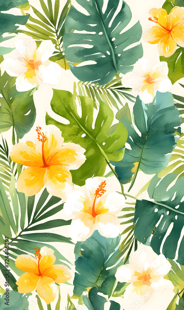 Obraz premium Watercolor painting, monstera and flowers, Generative AI