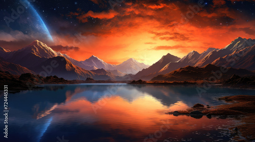 Twilight Mountain Vista with Milky Way and Orange Sky Reflection