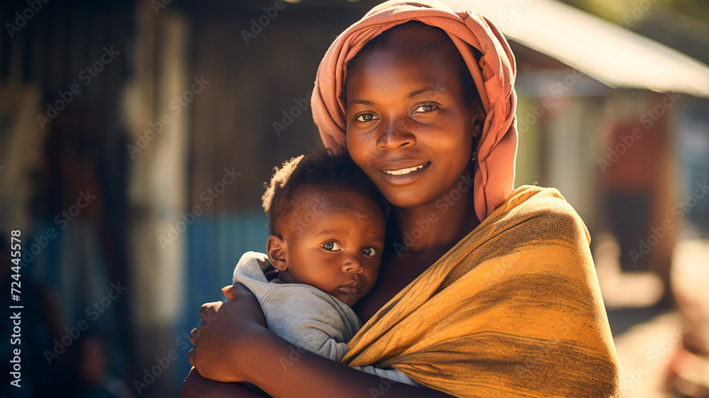 Young homeless african woman holds baby in her arms. Refugee camp, place of temporary refuge, integration of migrants and immigrants. Busy refugee camp amidst conflict.
 - obrazy, fototapety, plakaty 