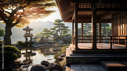 Panorama of a Japanese garden with a pavilion in the background