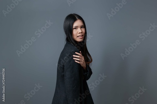Fall woman smile beautiful coat gray lifestyle trendy fashion beauty brunette asian © SHOTPRIME STUDIO