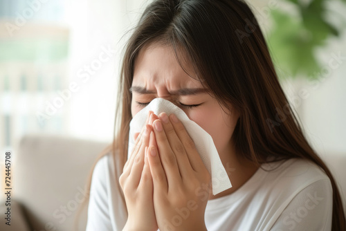 asian Female with nasal tissue and sneezing due to allergies, cold, or flu in living area 