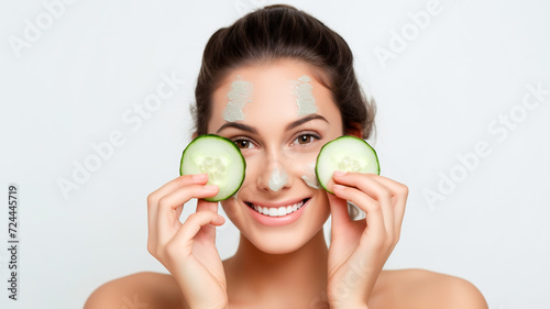 Beautiful young woman with facial mask on her face holding slices of cucumber. Skin care and treatment, spa, cosmetology concept.

