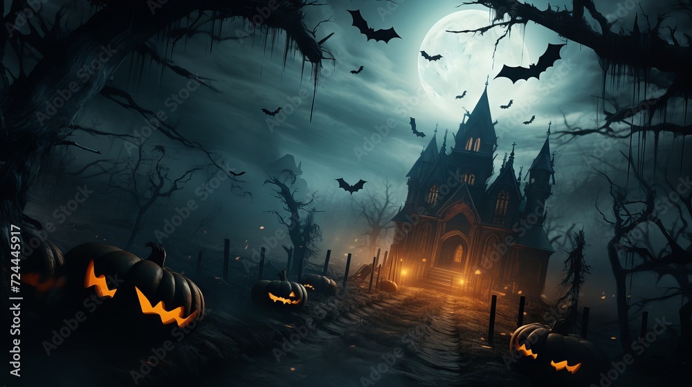 Spooky haunted house with flying bats and crawling spiders on a dark night. Scary Halloween concept.