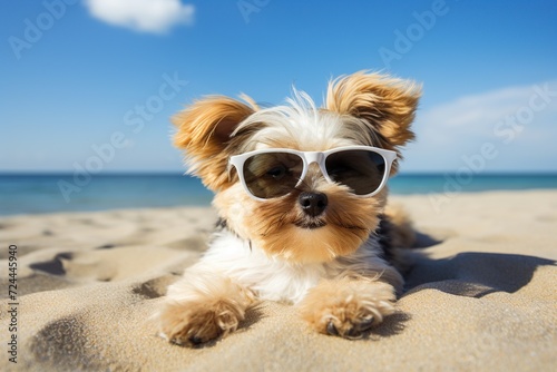 Yorkshire Terrier in sunglasses on the beach. Summer vacation concept © Obsidian