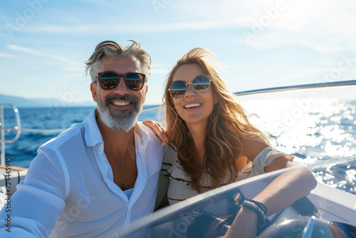 Attractive middle aged couple on a yacht enjoy bright sunny day on vacation