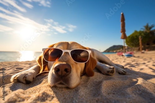 Cute Retriever dog in sunglasses lying on the beach. © Obsidian