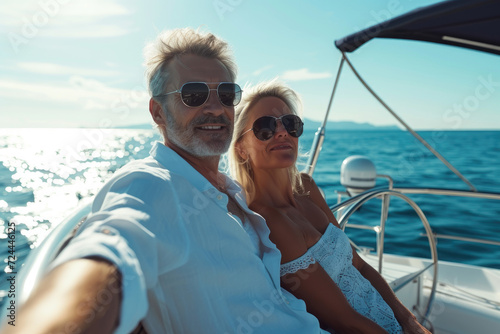Attractive middle aged couple on a yacht enjoy bright sunny day on vacation