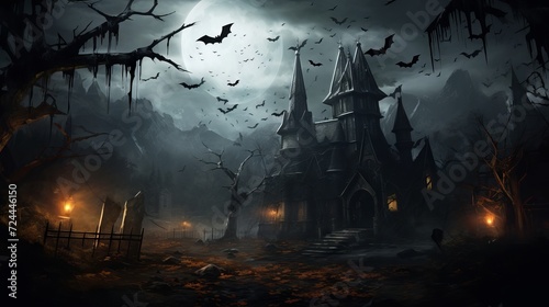 Spooky haunted house with flying bats and crawling spiders on a dark night. Scary Halloween concept.