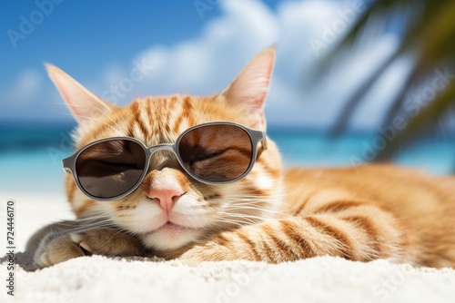 Cute cat in sunglasses on tropical beach. Summer vacation concept.