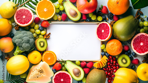 Vibrant background showcasing fruits associated with antioxidants  with a central white board for copy space