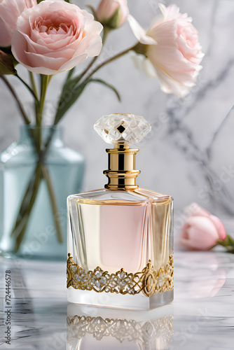 A delicately crafted perfume bottle and cream cup, slender with golden accents, on a marble countertop against a soft pastel background, capturing the bottle's intricate design, elegance