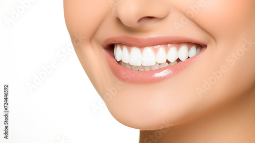 Beautiful smile of young woman with healthy white teeth. Closeup with perfect female teeth. Teeth whitening. Dental clinic patient. Stomatology concept.  