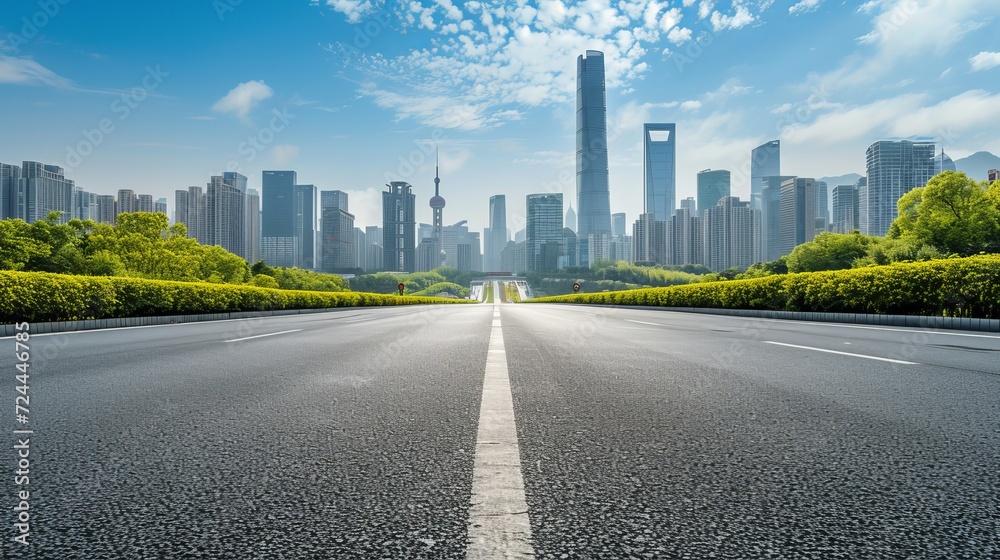 empty road floor surface with modern city landmark buildings in china     - obrazy, fototapety, plakaty 