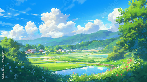 綺麗な青空と田舎のイラスト